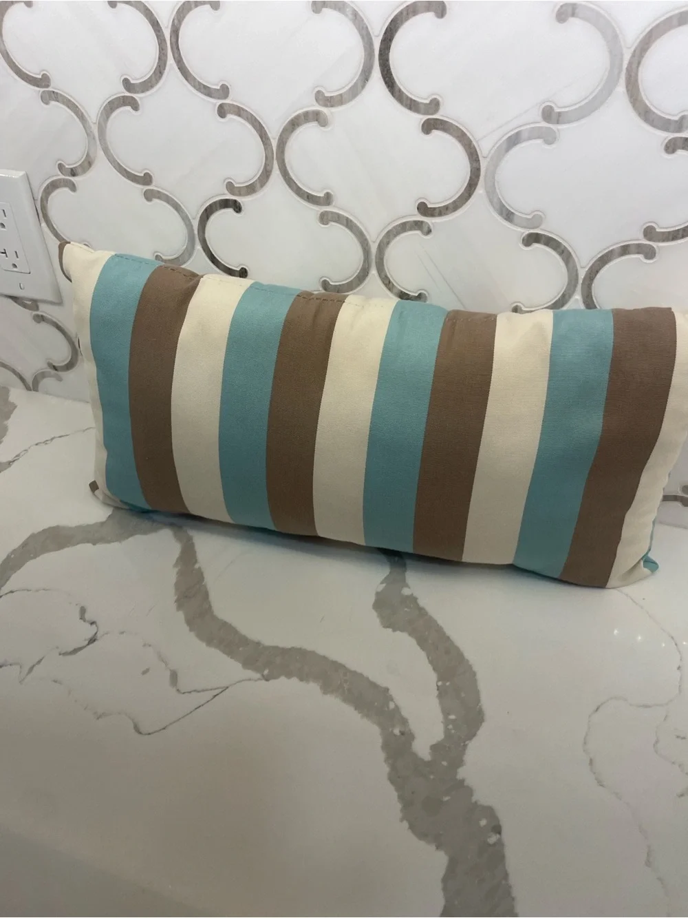 Striped Lumbar Throw Pillow in Blue, Cream & Brown